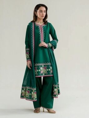 ZAIB PAKISTANI DESIGNER EMERALD GREEN LUXURY EMBROIDERED LAWN 3PCS SET